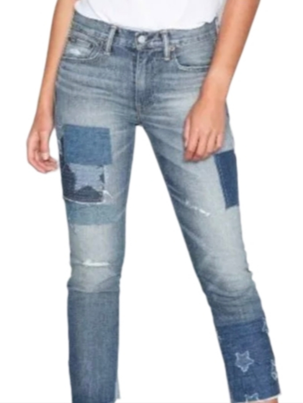 Rock and Roll Cowgirl Boyfriend Skinny Patchwork Distressed Jeans Light Wash 26